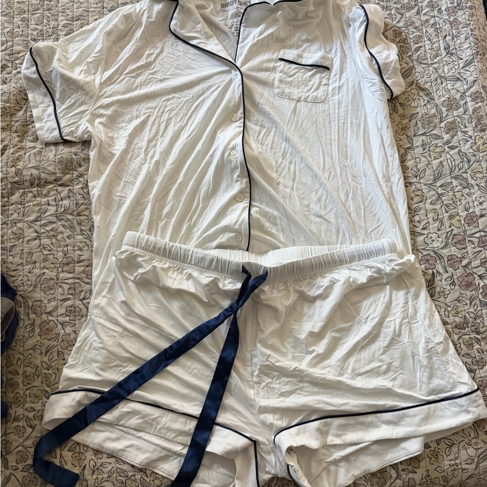 Birdy Grey White Pajama Set with Navy Accents